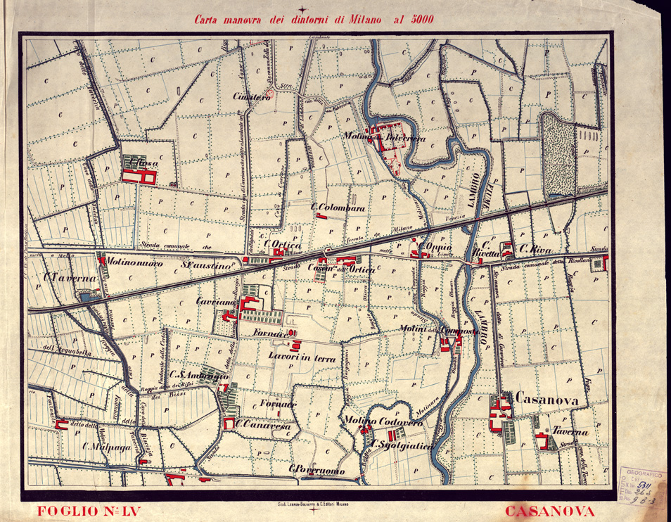 (N:5674) CARTA MANOVRA DEI DINTORNI DI MILANO - Foglio 55 - Casanova (B0003272) Carte e stampe antiche: riproduzione a colori su carta (formato A2)