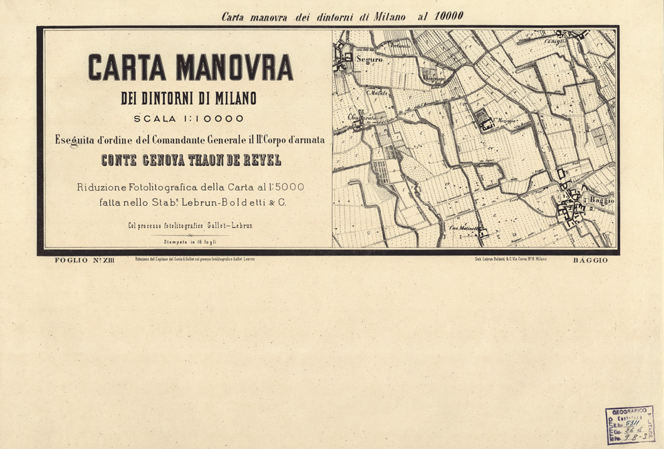 (N:5657) CARTA MANOVRA DEI DINTORNI DI MILANO - Foglio 13 - Baggio e titolo (B0003276) Carte e stampe antiche: riproduzione a colori su carta (formato A2)