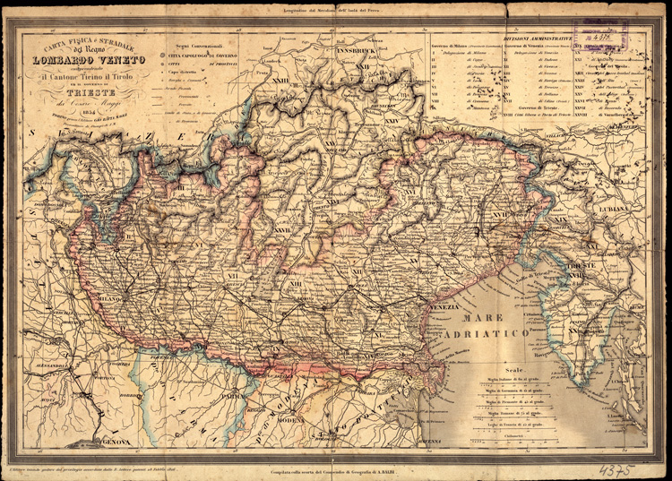 (N:4539) CARTA FISICA E STRADALE DEL REGNO LOMBARDO-VENETO (B0003429) Carte e stampe antiche: riproduzione a colori su carta (formato A2)