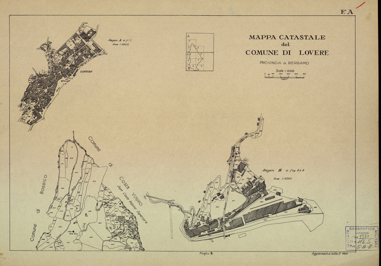 (N:12200) MAPPE CATASTALI D'ITALIA - PROVINCIA DI BERGAMO - Foglio A- COMUNE DI LOVERE (B0003499) Carte e stampe antiche: riproduzione a colori su carta (formato A2)