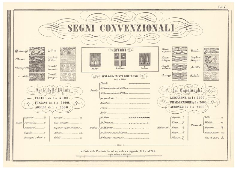 (N:11801) CARTA TOPOGRAFICA DELLA PROVINCIA DI BELLUNO - Tavola V SEGNI CONVENZIONALI (B0003867) Carte e stampe antiche: riproduzione a colori su carta (formato A2)