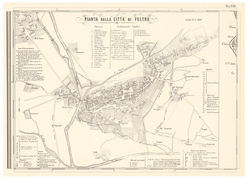 (N:11808) CARTA TOPOGRAFICA DELLA PROVINCIA DI BELLUNO - PIANTA DELLA CITTA' DI FELTRE - Tavola XIII (B0003875) Carte e stampe antiche: riproduzione a colori su carta (formato A2)