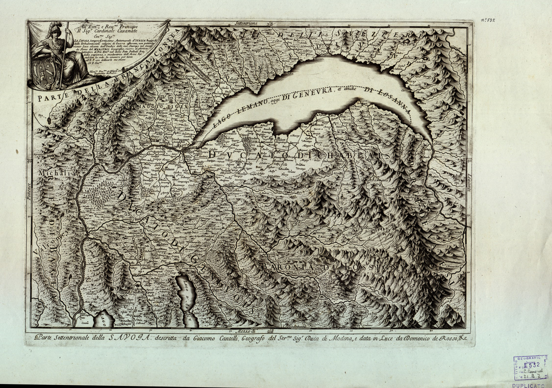 (N:11300) LA SAVOIA DIVISA NELLE SUE PRINCIPALI PROVINCIE DA GIACOMO CANTELLI DA GIACOMO CANTELLI DA VIGNOLA, GEOGRAFO DEL DUCA DI MODENA, DATA IN LUCE DA DOMENICO DE ROSSI IN ROMA ALLA PACE - Parte meridionale - Tavola 1 (B0004114) Carte e stampe antiche: riproduzione a colori su carta (formato A2)