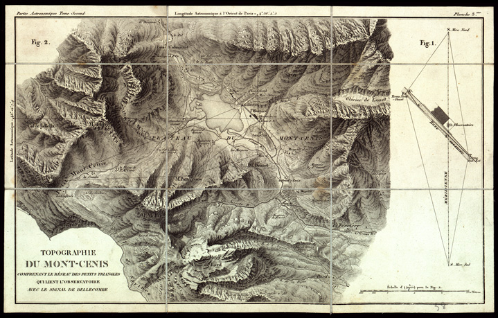 (N:12701) TOPOGRAPHIE DU MONT-CENIS COMPRENANT LE RESEAU DES PETITS TRIANGLES QUI LIENT L'OBSERVATOIRE AVEC LE SIGNAL DE BELLECOMBE (s. d.) (B0004122) Carte e stampe antiche: riproduzione a colori su carta (formato A2)