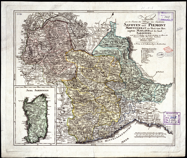 (N:11123) KARTE VON DEN STAATEN DES KONIGS VON SARDINIEN SAVOYEN UND PIEMONT MONTFERRAT EIN THEIL VOM HER ZOGTMUM MALAND UND DIE INSEL SARDINIEN. (B0004171) Carte e stampe antiche: riproduzione a colori su carta (formato A2)