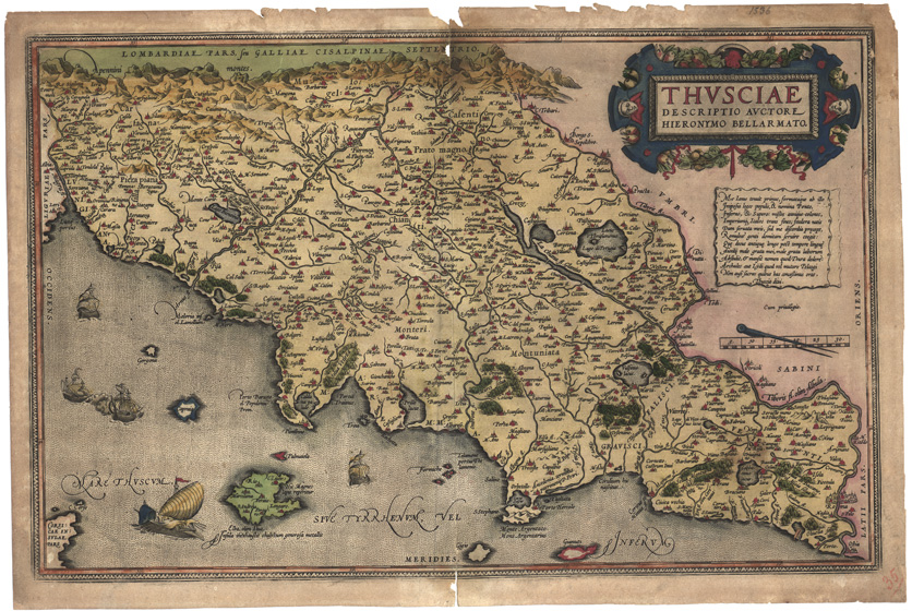(N:15699) CARTELLA DAL TITOLO: THEATRUM ORBIS TERRARUM DI ORTELIO. "THUSCIAE DESCRIPTIO "AUCTORE HIERONIMO BELLARMATO" - Tavola I-4 e Retro della Carta (B0004393, B0004394) Carte e stampe antiche: riproduzione a colori su carta (formato A2)