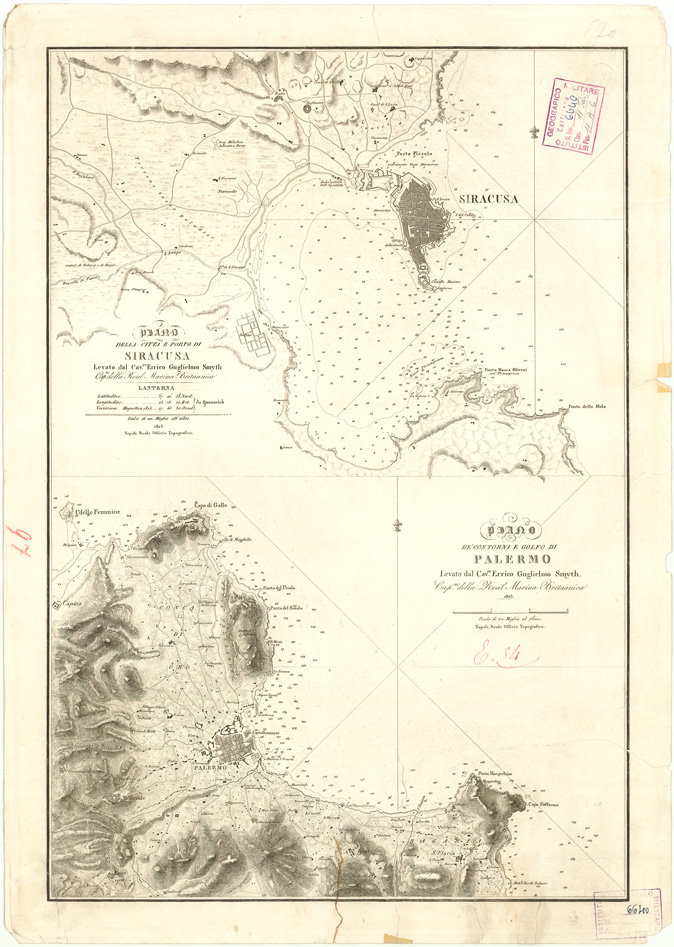 (N:9272) I. PIANO DELLA CITTA' E PORTO DI SIRACUSA - II. PIANO DE' CONTORNI E GOLFO DI PALERMO (B0005361, B0005400) Carte e stampe antiche: riproduzione a colori su carta (formato A2)