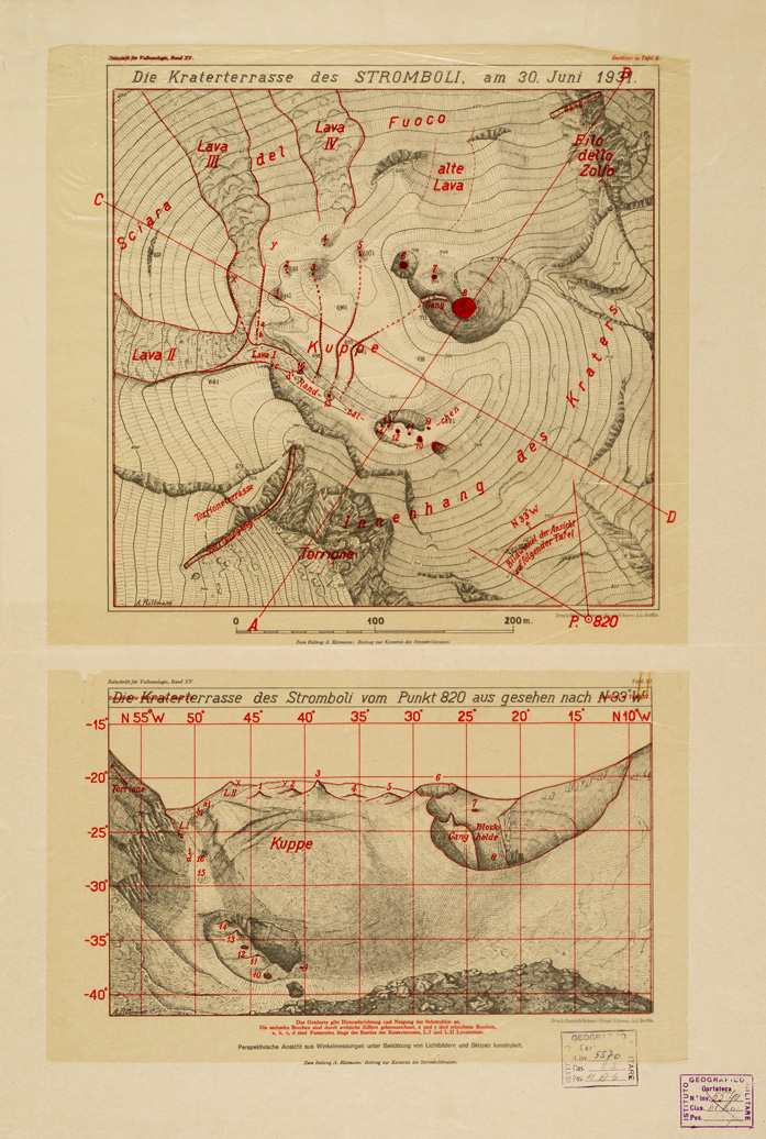 (N:9330) I. DIE KRATERTERRASSE DES STROMBOLI AM 30 JUNI 1931 
II. DIE KRATERTERRASSE DES STROMBOLI VOM PUNKT AUS GESEHEN NACH N 33 W (B0005364) Carte e stampe antiche: riproduzione a colori su carta (formato A2)
