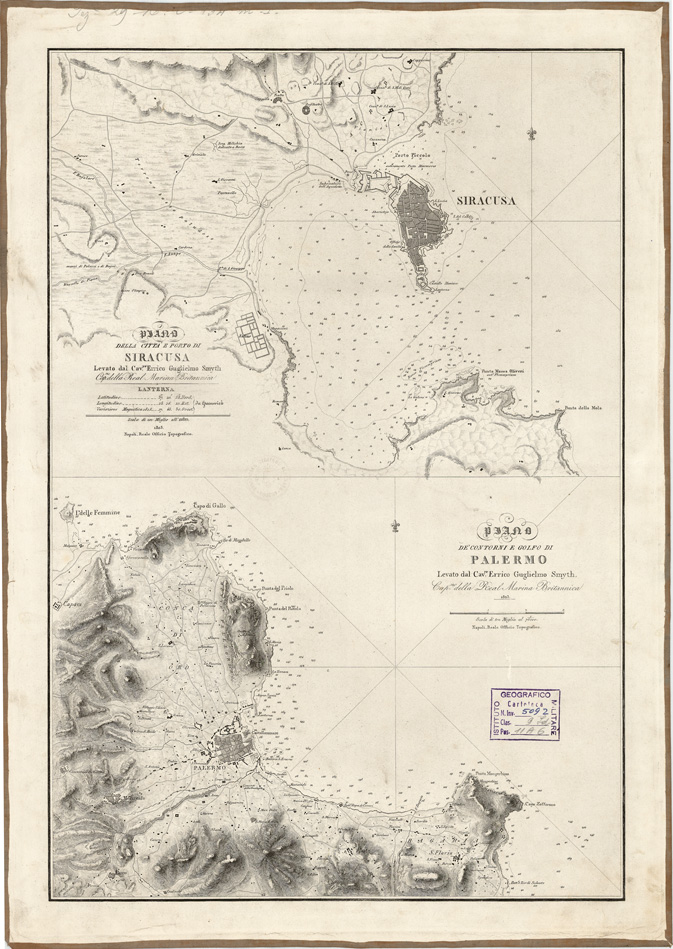 (N:9272) I. PIANO DELLA CITTA' E PORTO DI SIRACUSA - II. PIANO DE' CONTORNI E GOLFO DI PALERMO (B0005361, B0005400) Carte e stampe antiche: riproduzione a colori su carta (formato A2)