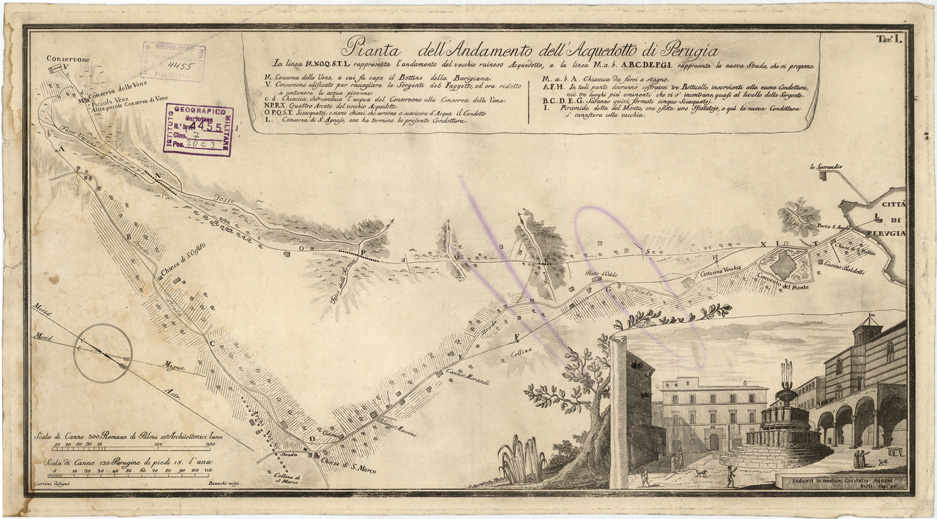 (N:13567) PIANTA DELL'ANDAMENTO DELL'ACQUEDOTTO DI PERUGIA s. d. - Tavola 1 (B0005505) Carte e stampe antiche: riproduzione a colori su carta (formato A2)