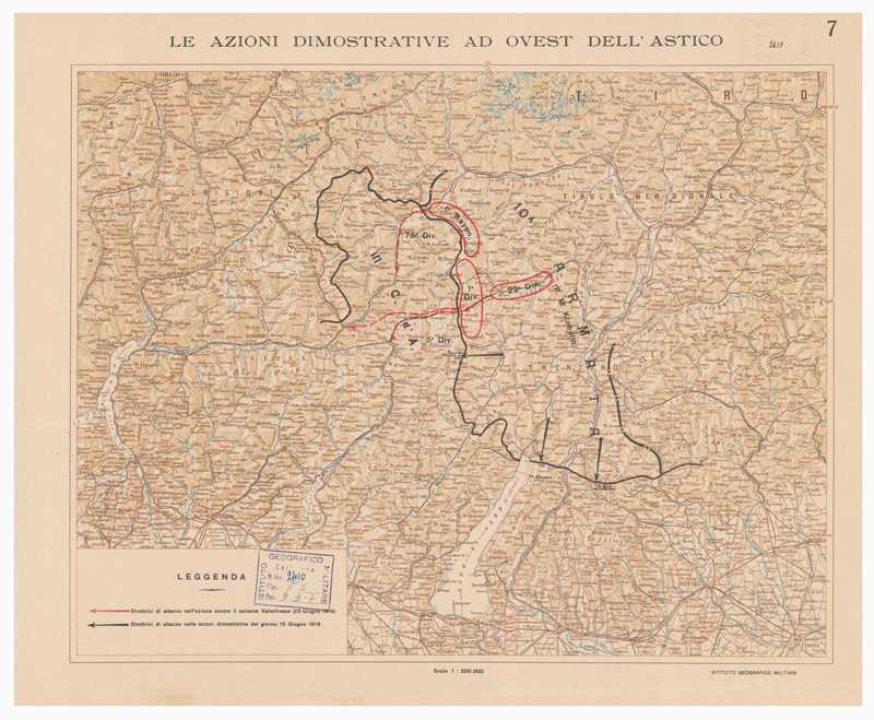 (N:9631) DISLOCAZIONE DELLE FORZE CONTRAPPOSTE SULLA FRONTE DI BATTAGLIA ALL'ALBA  DEL 15 GIUGNO 1918 - Foglio 7 - LE AZIONI DIMOSTRATIVE AD OVEST DELL' ASTICO
 (B0005648) Carte e stampe antiche: riproduzione a colori su carta (formato A2)