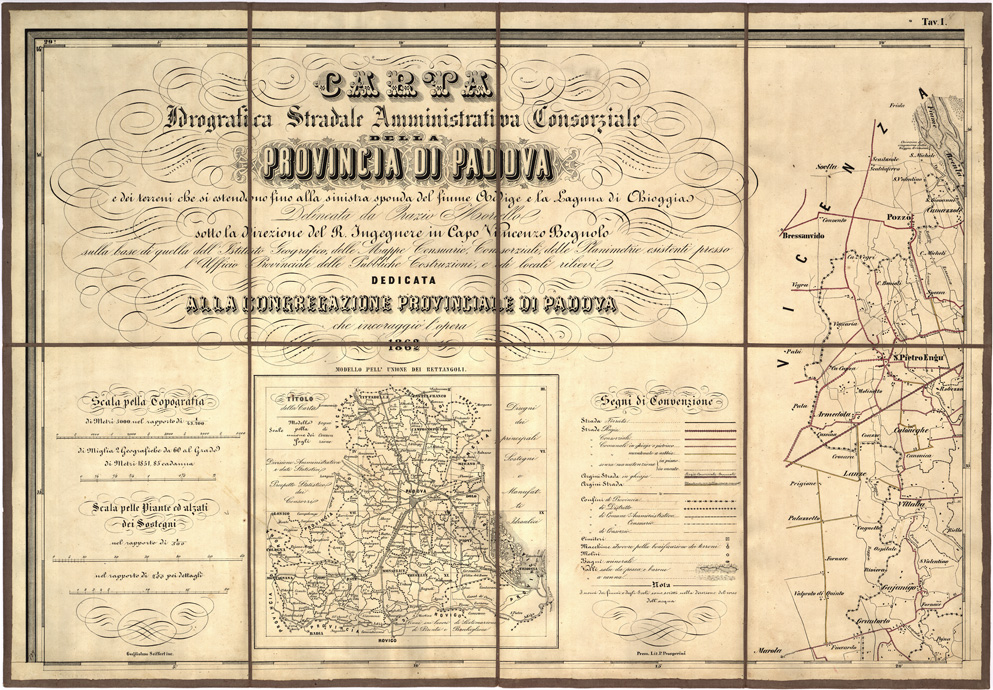 (N:5449) CARTA IDROGRAFICA STRADALE AMMINISTRATIVA CONSORZIALE DELLA PROV. DI PADOVA... Tavola I (B0006214) Carte e stampe antiche: riproduzione a colori su carta (formato A2)