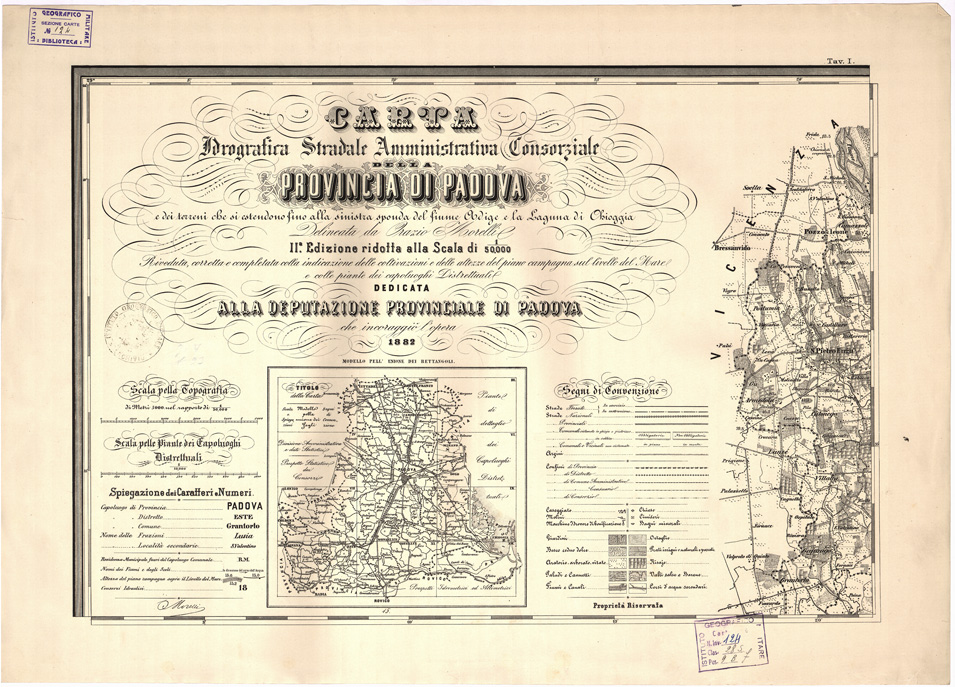 (N:5437) CARTA IDROGRAFICA STRADALE AMMINISTRATIVA CONSORZIALE DELLA PROV. DI PADOVA... Tavola I (B0006226) Carte e stampe antiche: riproduzione a colori su carta (formato A2)