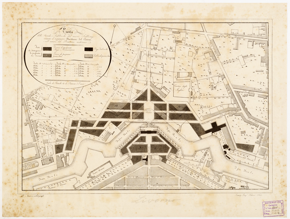 (N:11621) LIVORNO - PIANTA DELLE STRADE E FABBRICHE DEL NUOVO SUBBORGO AVANTI IL SOPPRESSO BASTIONE DEL CASONE E NELL'INTERNO DEL BASTIONE MEDESIMO (B0006335) Carte e stampe antiche: riproduzione a colori su carta (formato A2)