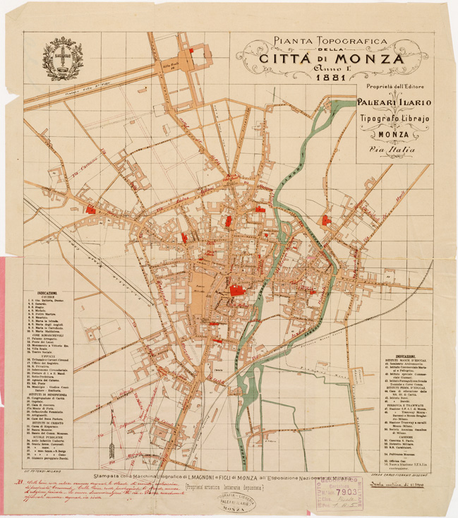 (N:7544) CARTA TOPOGRAFICA DELLA CITTA' DI MONZA (B0006402) Carte e stampe antiche: riproduzione a colori su carta (formato A2)