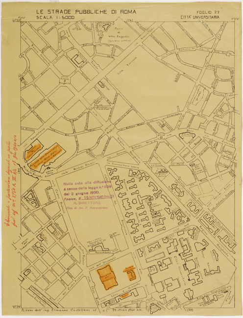 (N:11474) LE STRADE PUBBLICHE DI ROMA - Foglio 22 - CITTA' UNIVERSITARIA (con nulla osta) (B0006517) Carte e stampe antiche: riproduzione a colori su carta (formato A2)