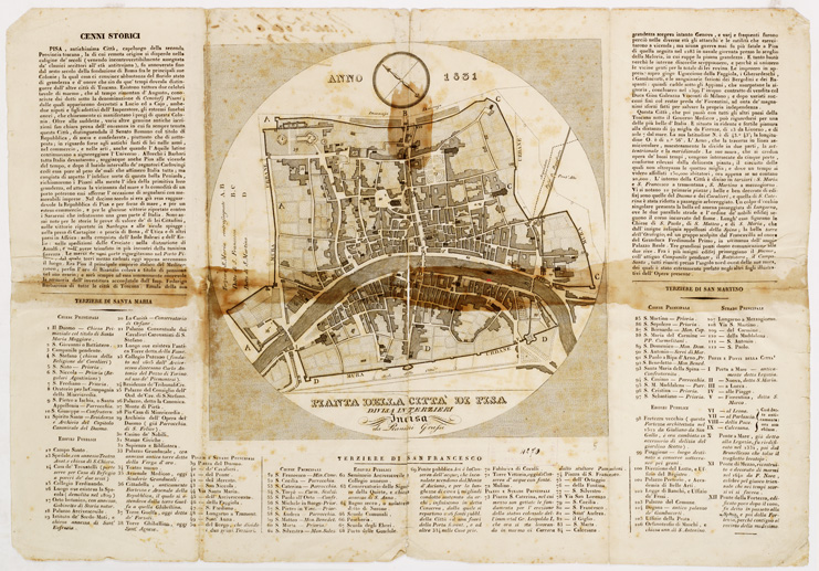 (N:13736) PIANTA DELLA CITTA' DI PISA DIVISA IN TERZIERI INCISA DA RANIERI GRASSI (B0006614) Carte e stampe antiche: riproduzione a colori su carta (formato A2)