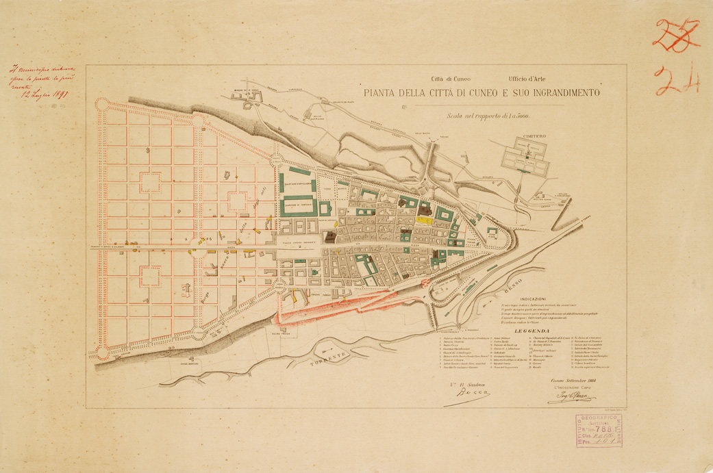 (N:13595) PIANTA DELLA CITTA' DI CUNEO E SUO INGRANDIMENTO (B0006793) Carte e stampe antiche: riproduzione a colori su carta (formato A2)