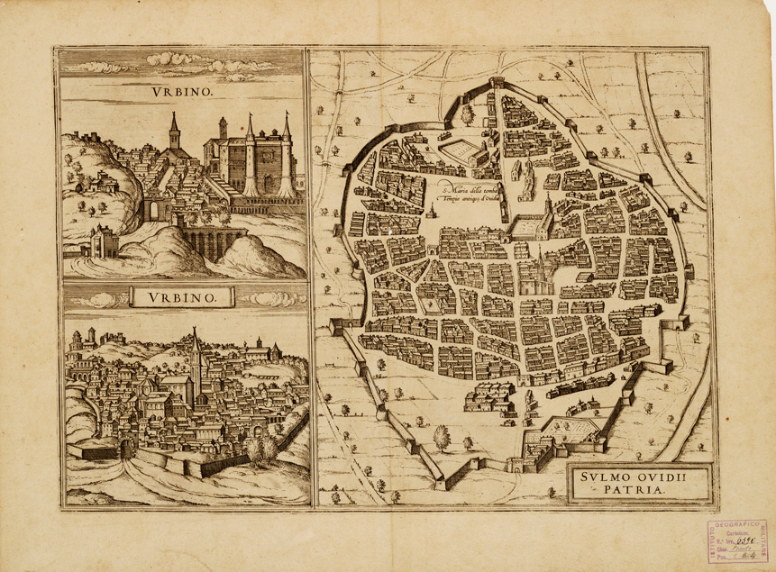 (N:16370) CIVITATES ORBIS TERRARUM - URBINO ET SULMO OVIDI PATRIA - Urbino e Sulmona (B0006869) Carte e stampe antiche: riproduzione a colori su carta (formato A2)