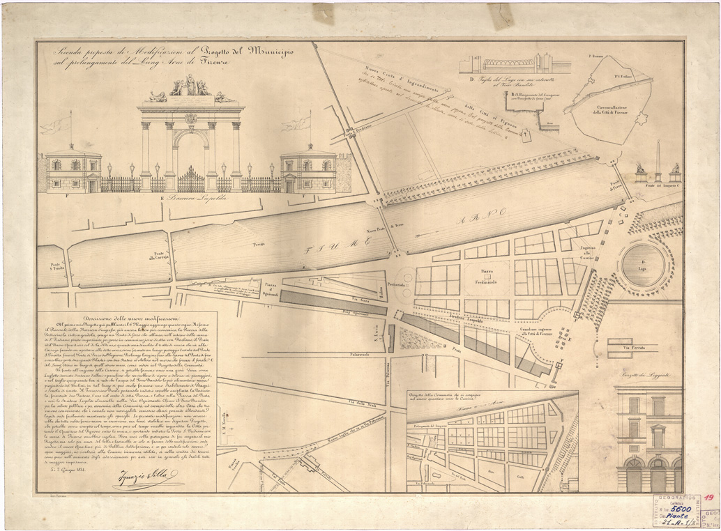 (N:9846) FIRENZE SECONDA PROPOSTA DI MODIFICAZIONE AL PROGETTO DEL MUNICIPIO SUL PROLUNGAMENTO DEL LUNGARNO DI FIRENZE (B0007079) Carte e stampe antiche: riproduzione a colori su carta (formato A2)