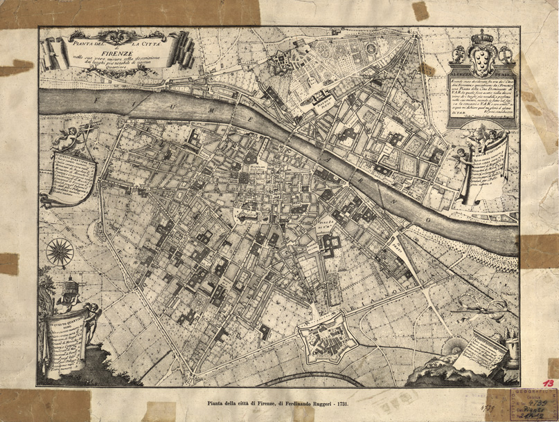 (N:13608) PIANTA DELLA CITTA' DI FIRENZE NELLE SUE VERE MISURE COLLA DESCRIZIONE DEI LUOGHI PIU' NOTABILI DI CIASCUN QUARTIERE (B0007084) Carte e stampe antiche: riproduzione a colori su carta (formato A2)