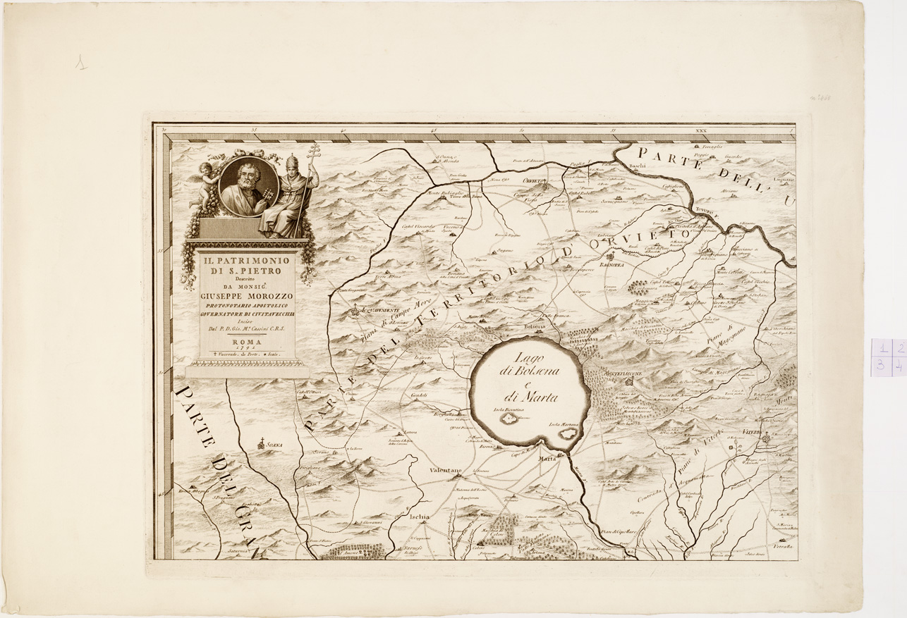 (N:10603) IL PATRIMONIO DI S. PIETRO DESCRITTO DA MONSIGNOR GIUSEPPE MOROZZO PROTONOTARIO APOSTOLICO GOVERNATORE DI CIVITAVECCHIA. INCISO DA P. D. GIO M.A. CASSINI C. R. S. ROMA 1791 - Foglio 1 e quadro d'unione (B0007233) Carte e stampe antiche: riproduzione a colori su carta (formato A2)