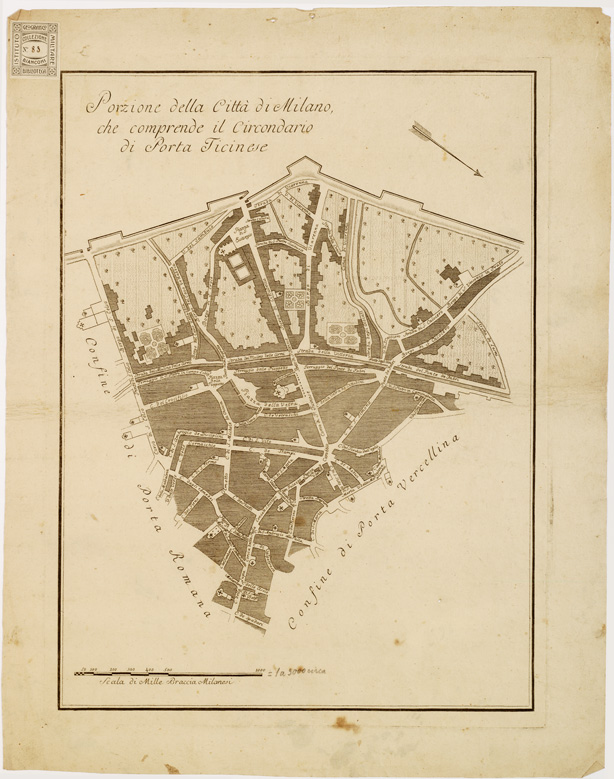 (N:13643) PIANTA DELLA CITTA' DI MILANO DIVISA IN CIRCONDARI. - Foglio 2 - Porzione della Citt di Milano che comprende il Circondario di Porta Ticinese (B0007249) Carte e stampe antiche: riproduzione a colori su carta (formato A2)