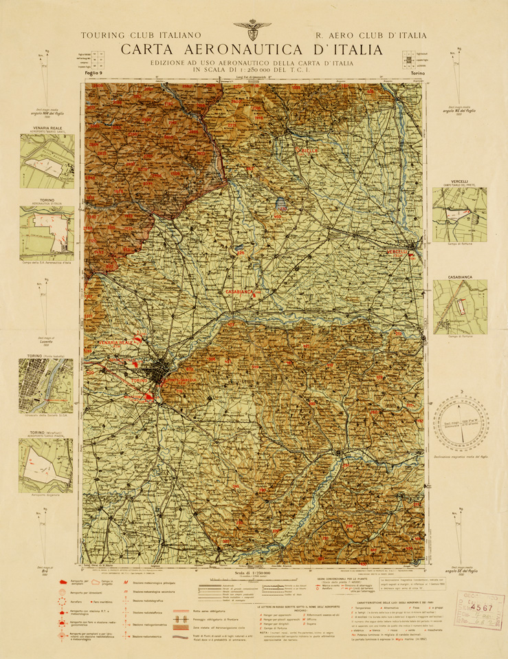(N:678) CARTA AERONAUTICA D'ITALIA - Foglio 9 TORINO (B0007330) Carte e stampe antiche: riproduzione a colori su carta (formato A2)
