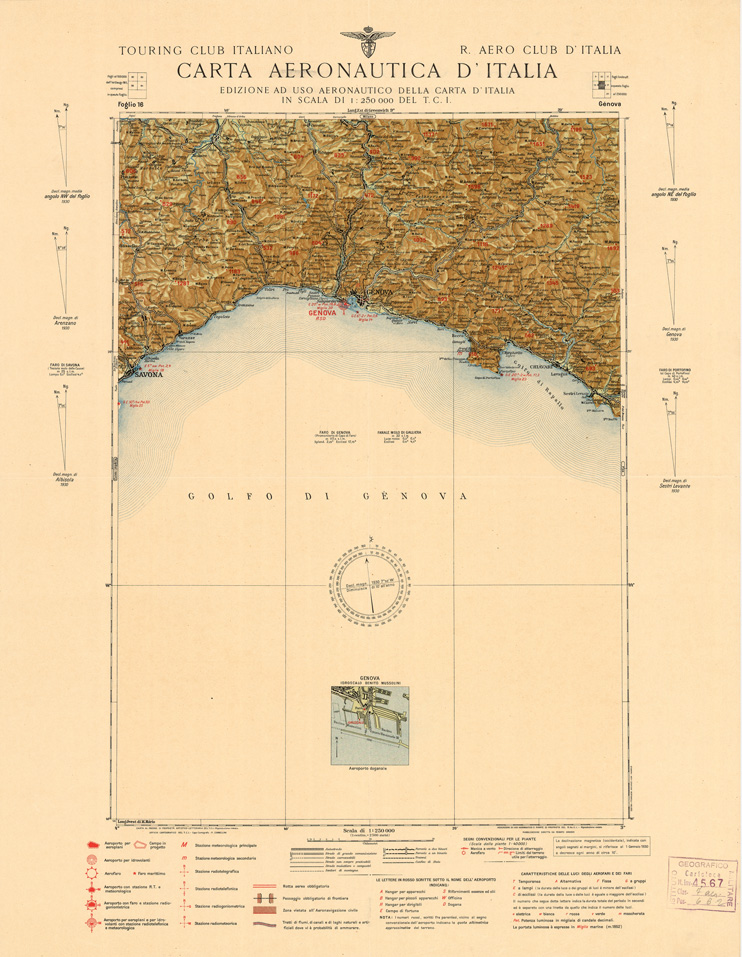 (N:626) CARTA AERONAUTICA D'ITALIA - Foglio 16 GENOVA (B0007338) Carte e stampe antiche: riproduzione a colori su carta (formato A2)