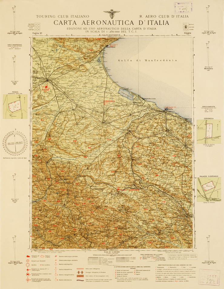 (N:651) CARTA AERONAUTICA D'ITALIA - Foglio 37 FOGGIA (B0007361) Carte e stampe antiche: riproduzione a colori su carta (formato A2)