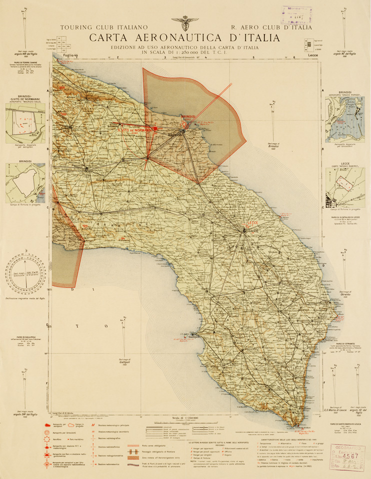 (N:659) CARTA AERONAUTICA D'ITALIA - Foglio 44 LECCE (B0007368) Carte e stampe antiche: riproduzione a colori su carta (formato A2)