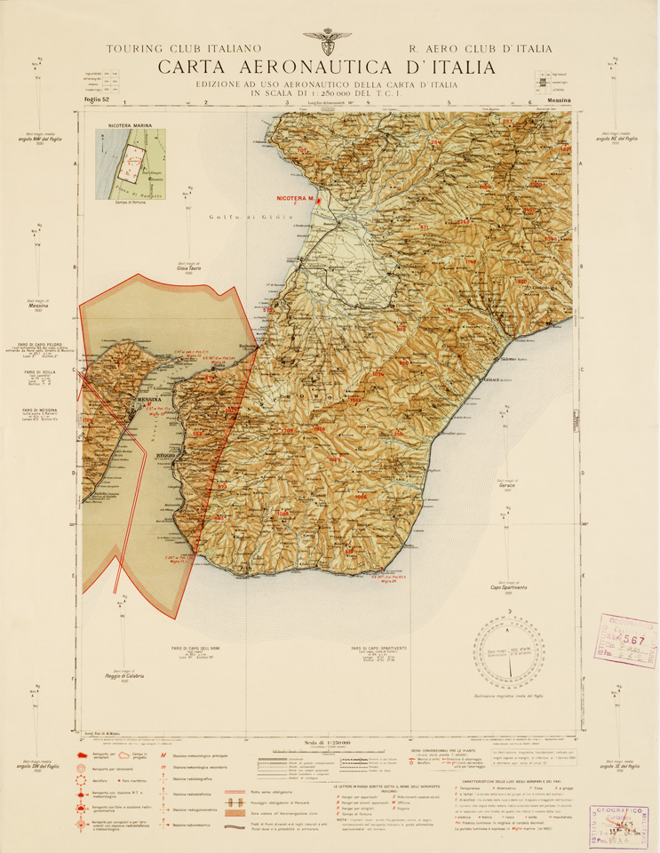 (N:669) CARTA AERONAUTICA D'ITALIA - Foglio 52 MESSINA (B0007376) Carte e stampe antiche: riproduzione a colori su carta (formato A2)