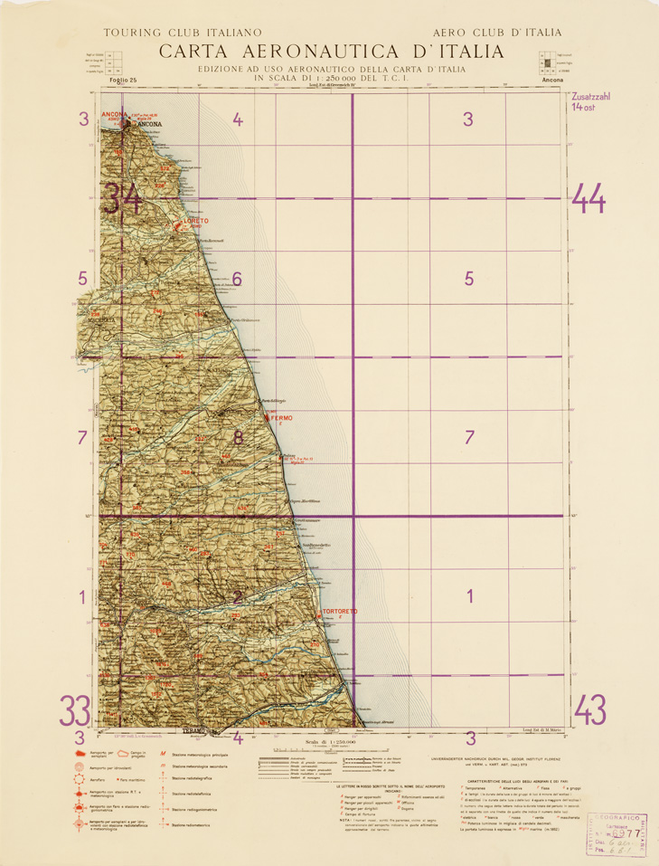 (N:555) CARTA AERONAUTICA D'ITALIA (EDIZIONE TEDESCA) - Foglio 25 ANCONA (B0007392) Carte e stampe antiche: riproduzione a colori su carta (formato A2)