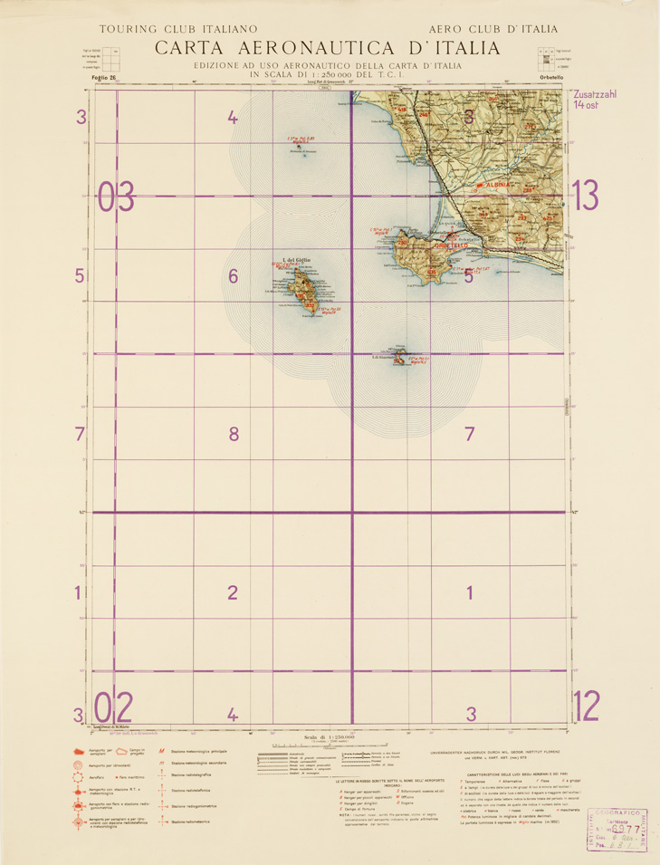 (N:556) CARTA AERONAUTICA D'ITALIA (EDIZIONE TEDESCA) - Foglio 26 ORBETELLO (B0007393) Carte e stampe antiche: riproduzione a colori su carta (formato A2)