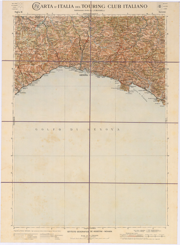 (N:1219) CARTA D'ITALIA DEL TOURING CLUB ITALIANO - Foglio 16 GENOVA (B0007915) Carte e stampe antiche: riproduzione a colori su carta (formato A2)