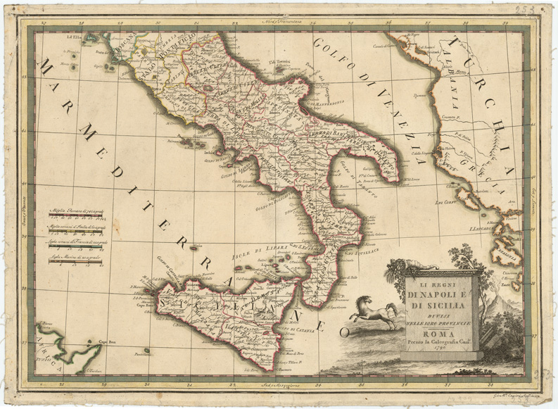 (N:11574) LI REGNI DI NAPOLI E DI SICILIA DIVISI NELLE LORO PROVINCIE (B0007976) Carte e stampe antiche: riproduzione a colori su carta (formato A2)