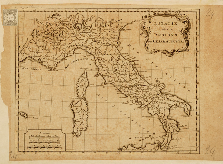 (N:11156) L'ITALIE DIVISEE EN REGIONS PAR CESAR AUGUSTE (B0007978) Carte e stampe antiche: riproduzione a colori su carta (formato A2)