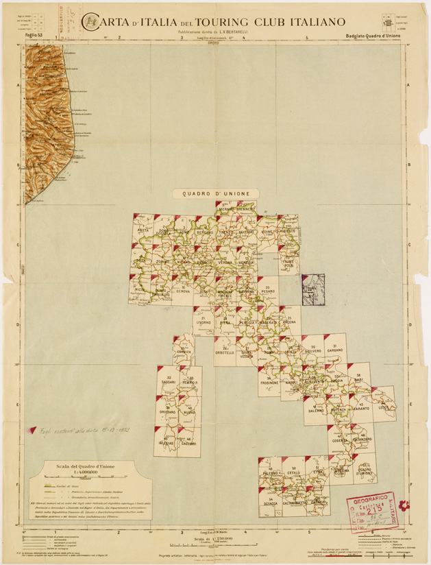 (N:1335) CARTA D'ITALIA DEL TOURING CLUB ITALIANO PUBBLICAZIONE DIRETTA DA L.V. BERTARELLI - Foglio 53 - Badolato - Quadro d'unione. (B0008078) Carte e stampe antiche: riproduzione a colori su carta (formato A2)