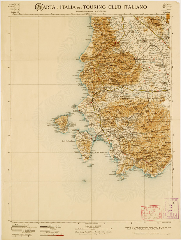 (N:1315) CARTA D'ITALIA DEL TOURING CLUB ITALIANO PUBBLICAZIONE DIRETTA DA L.V. BERTARELLI - Foglio 45 - Iglesias. (B0008090) Carte e stampe antiche: riproduzione a colori su carta (formato A2)