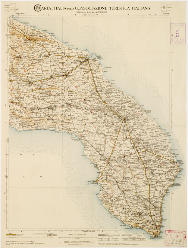 (N:1314) CARTA D'ITALIA DEL TOURING CLUB ITALIANO PUBBLICAZIONE DIRETTA DA L.V. BERTARELLI - Foglio 44 - Lecce. (B0008091) Carte e stampe antiche: riproduzione a colori su carta (formato A2)
