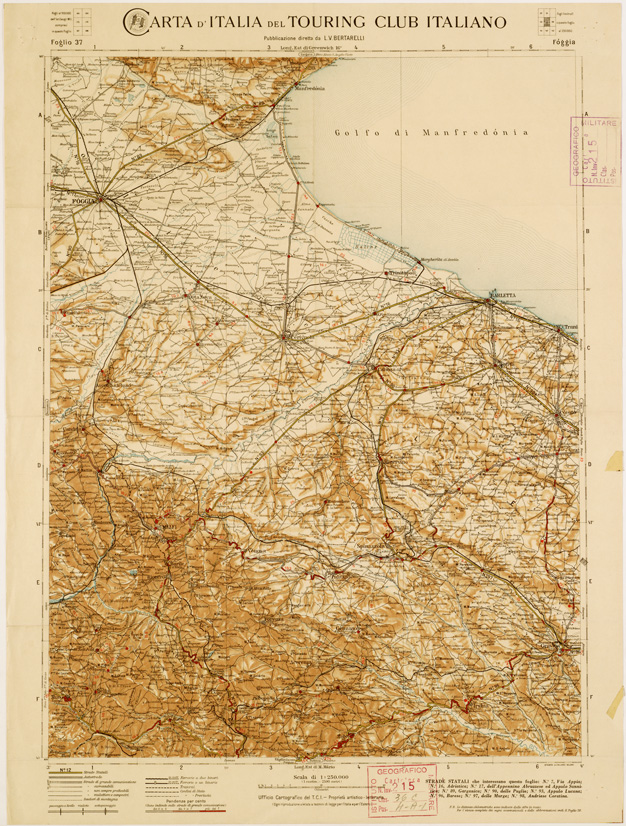 (N:1306) CARTA D'ITALIA DEL TOURING CLUB ITALIANO PUBBLICAZIONE DIRETTA DA L.V. BERTARELLI - Foglio 37 - Foggia. (B0008098) Carte e stampe antiche: riproduzione a colori su carta (formato A2)