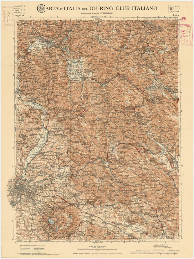 (N:1296) CARTA D'ITALIA DEL TOURING CLUB ITALIANO PUBBLICAZIONE DIRETTA DA L.V. BERTARELLI - Foglio 28 - Roma. (B0008107) Carte e stampe antiche: riproduzione a colori su carta (formato A2)