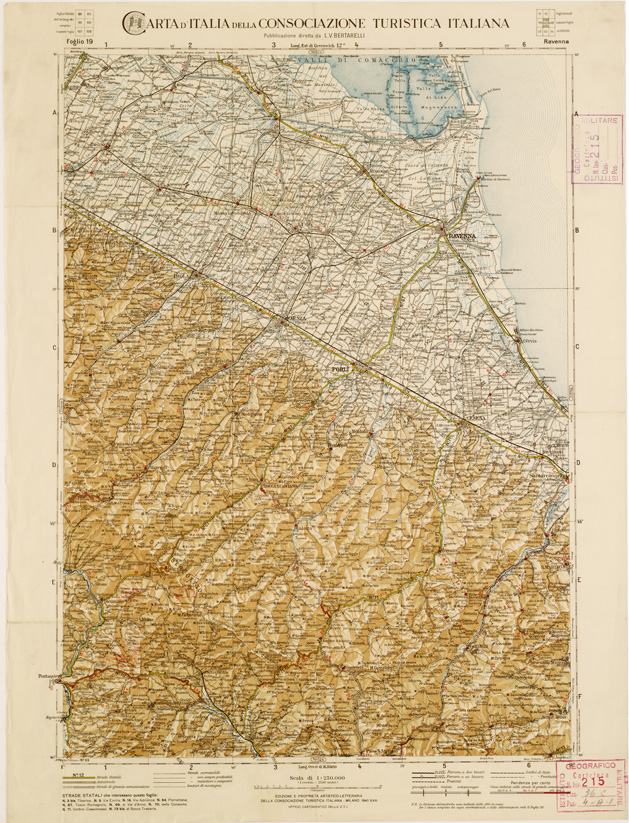 (N:1284) CARTA D'ITALIA DEL TOURING CLUB ITALIANO PUBBICAZIONE DIRETTA DA L.V. BERTARELLI - Foglio 19 - Ravenna. (B0008118) Carte e stampe antiche: riproduzione a colori su carta (formato A2)