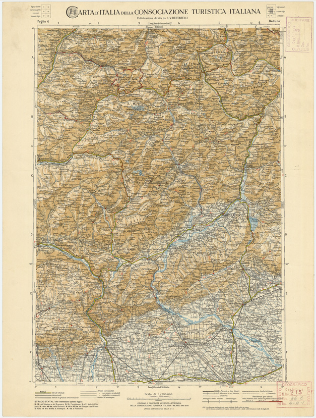 (N:1329) CARTA D'ITALIA DEL TOURING CLUB ITALIANO PUBBLICAZIONE DIRETTA DA L.V. BERTARELLI - Foglio 6 - Belluno. (B0008134) Carte e stampe antiche: riproduzione a colori su carta (formato A2)