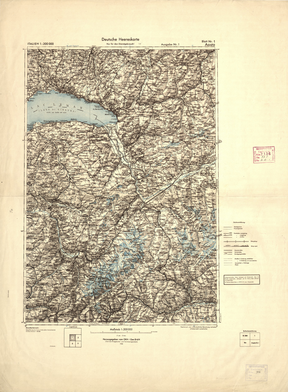 (N:9317) DEUTSCHE HEERESKARTE - ITALIEN - Foglio 1 - Aosta (B0008349) Carte e stampe antiche: riproduzione a colori su carta (formato A2)