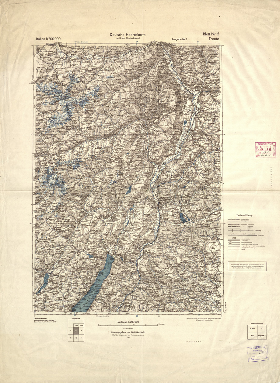 (N:9323) DEUTSCHE HEERESKARTE - ITALIEN - Foglio 5 - Trento (B0008350) Carte e stampe antiche: riproduzione a colori su carta (formato A2)