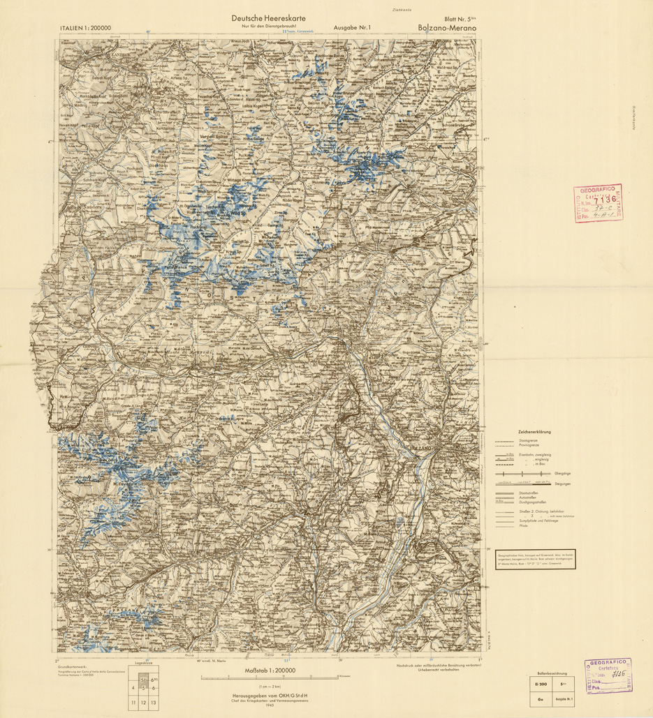 (N:9322) DEUTSCHE HEERESKARTE - ITALIEN - Foglio 5 bis - Bolzano-Merano (B0008351) Carte e stampe antiche: riproduzione a colori su carta (formato A2)