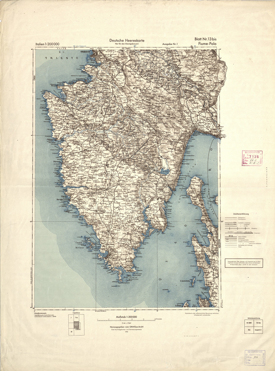 (N:9319) DEUTSCHE HEERESKARTE - ITALIEN - Foglio 13 bis - Fiume-Pola (B0008358) Carte e stampe antiche: riproduzione a colori su carta (formato A2)