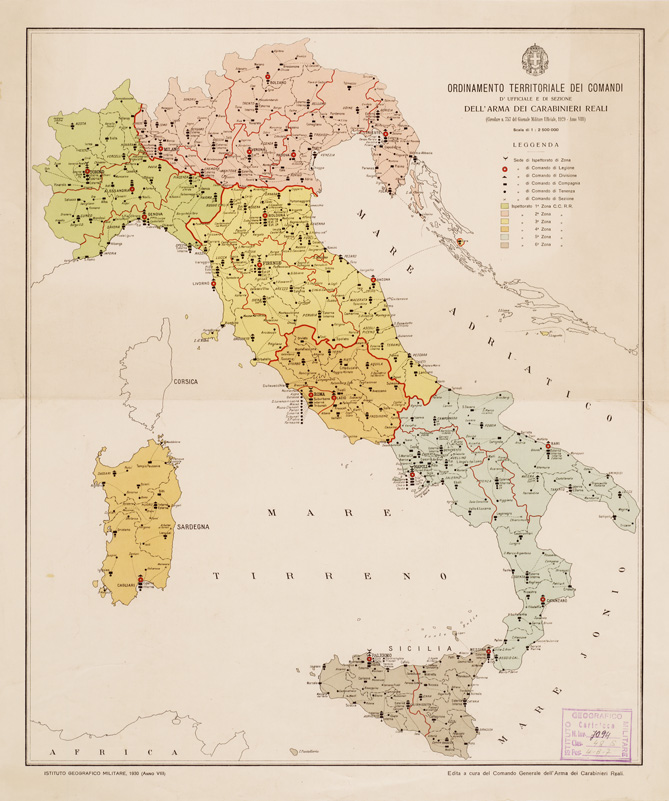 (N:13064) ORDINAMENTO TERRITORIALE DEI COMANDI D'UFFICIALE E DI SEZIONE DELL'ARMA DEI CARABINIERI REALI (B0008459) Carte e stampe antiche: riproduzione a colori su carta (formato A2)