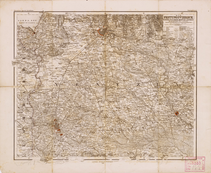 (N:9294) DAS FESTUNGSVIERECK VERONA, PESCHIERA, MANTUA (Mantova), LEGNAGO (B0008486) Carte e stampe antiche: riproduzione a colori su carta (formato A2)